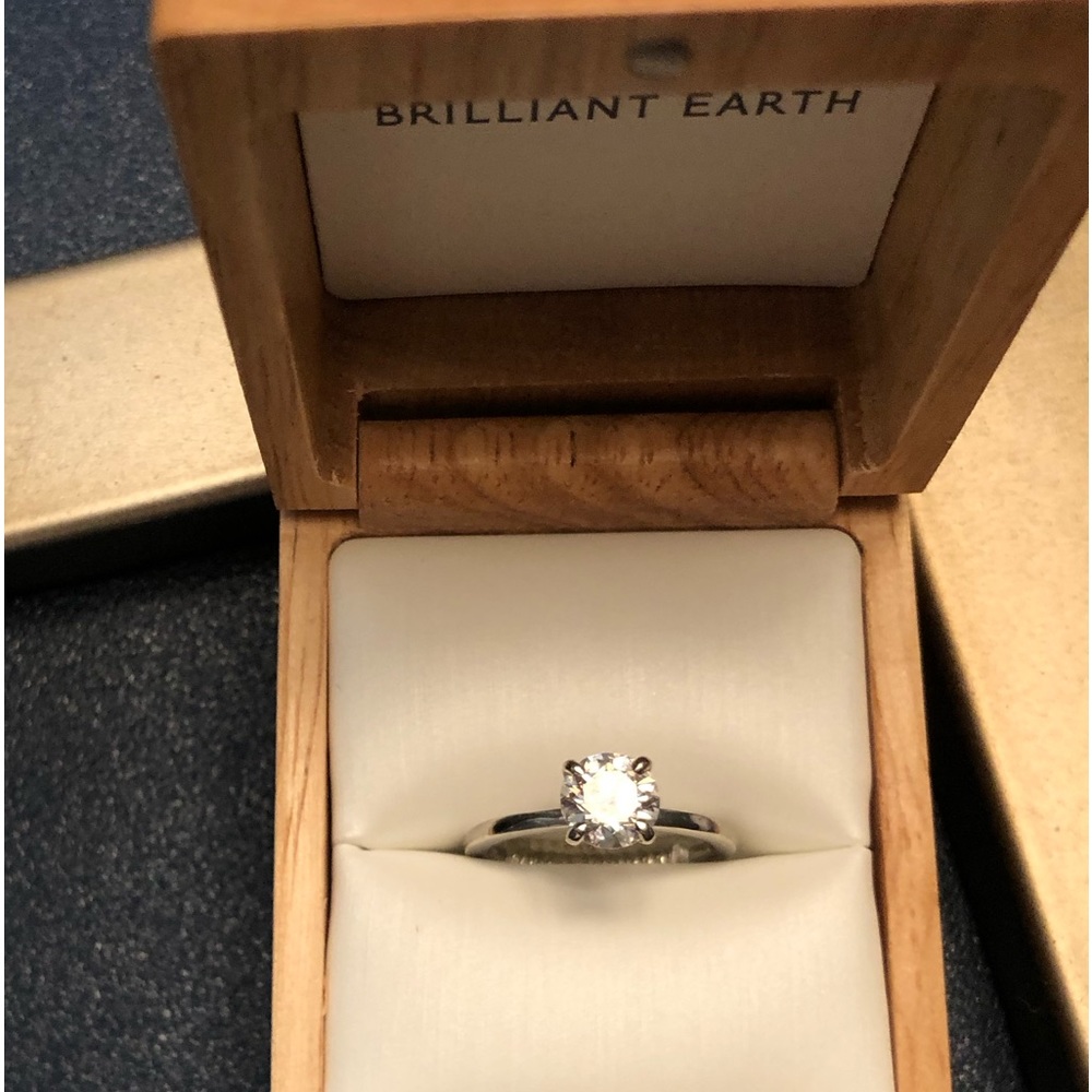 Brilliant Earth lab grown diamond ring with secret halo 2 carats platinum band